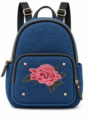 Kiss Me Denim Backpack EUC • Embroidered Rose • Juicy Couture Lips Patch • Cute